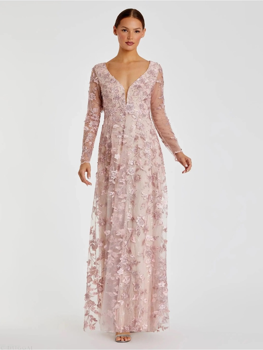 NWT Mac Duggal Pink Floral Applique Long Sleeve Illusion Gown Style 70224 Size 8
